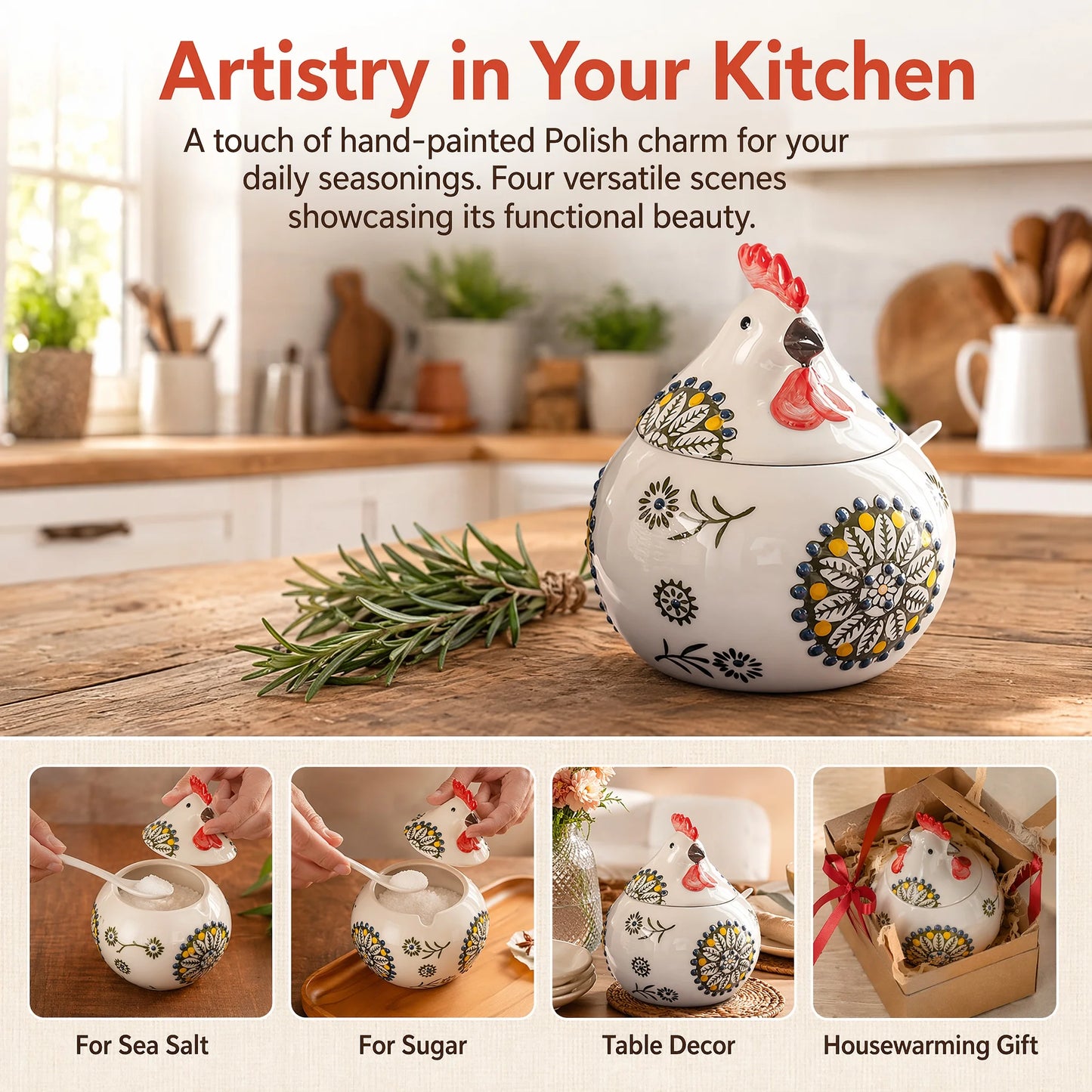 Ceramic Salt Cellar With Lid And Spoon, Floral Farmhouse Jar