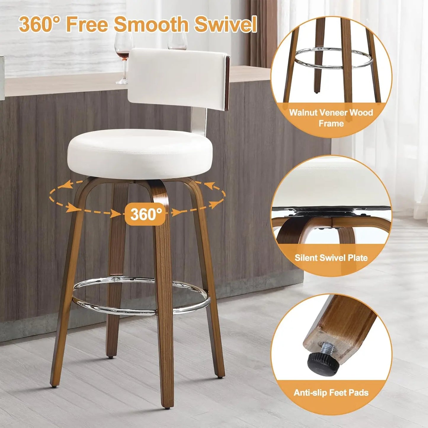 Swivel Counter Stool Set of 3 Faux Leather With Back Walnut Wood Legs
