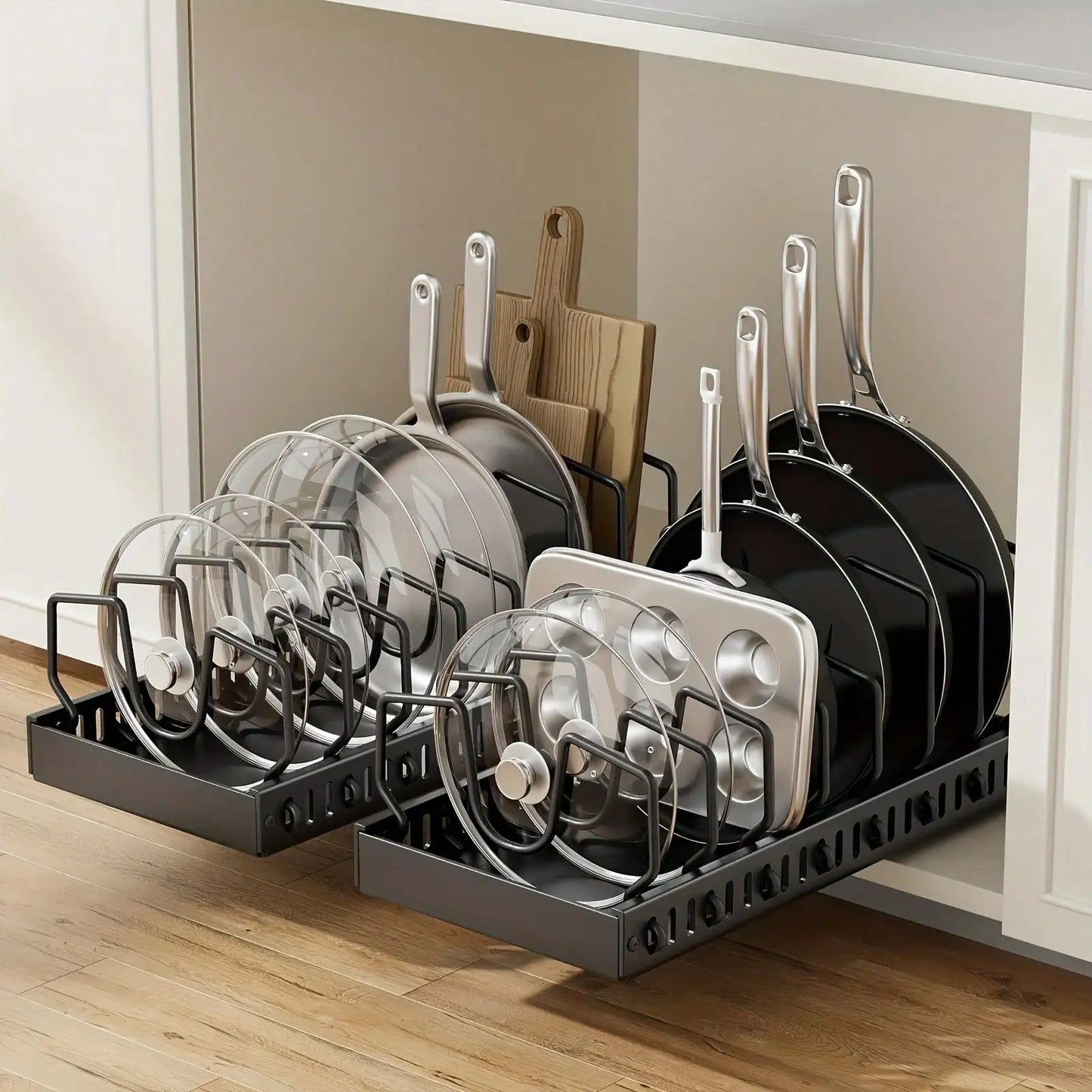 Pull Out Pot And Pan Organizer With 10 Adjustable Dividers