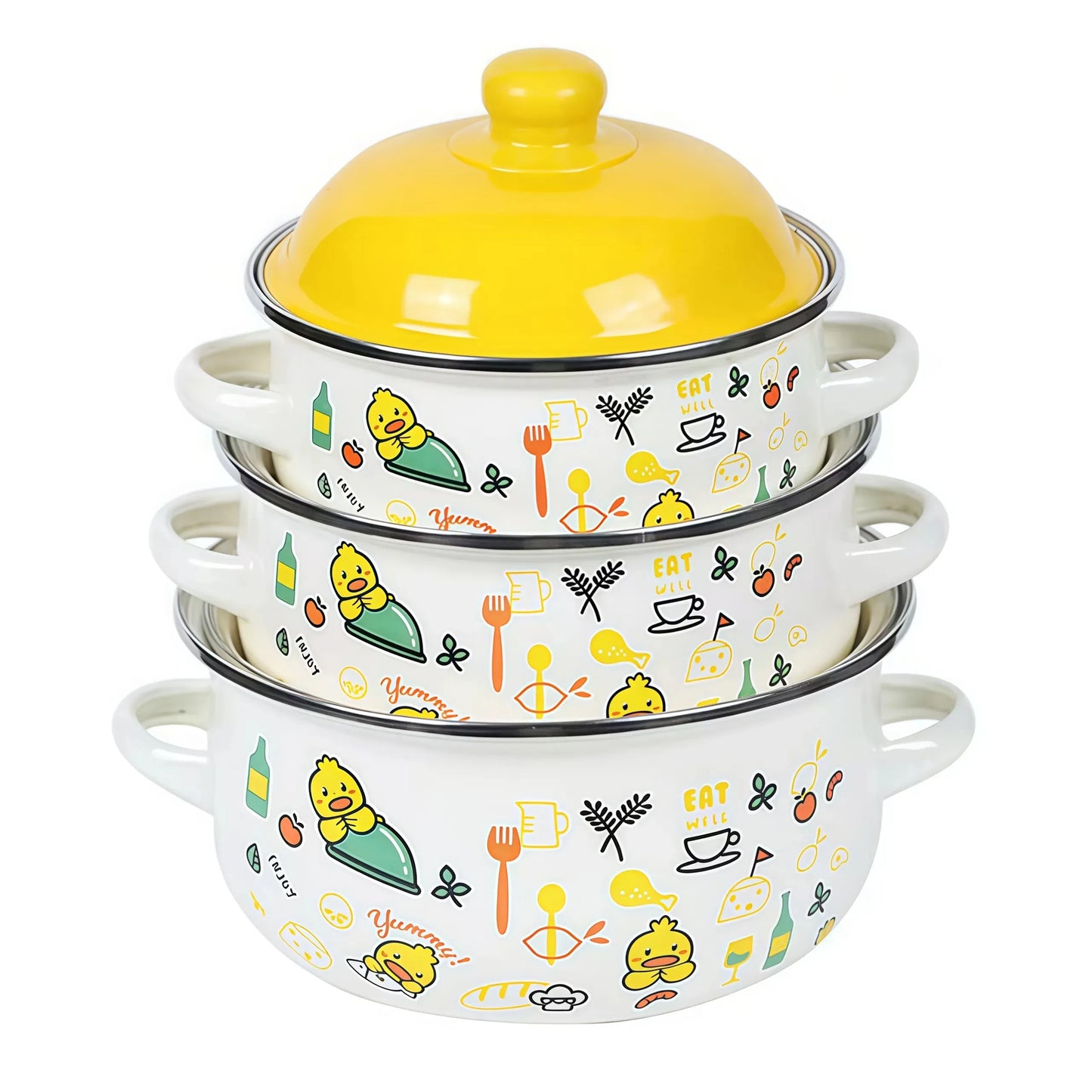 Vintage Enamel Stock Pot Set With Lids 3 Piece Cookware