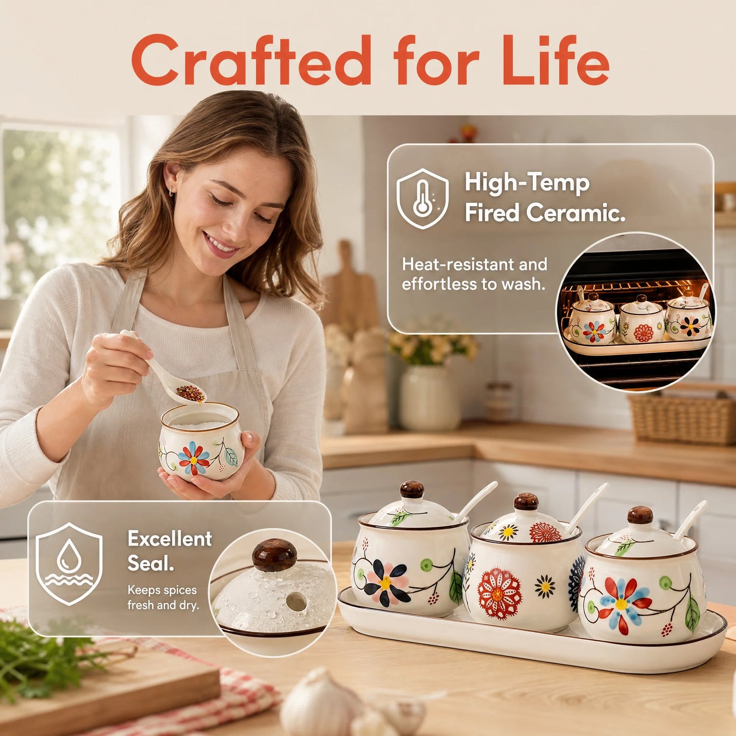 Ceramic Spice Jar Set With Tray Hand Painted Japanese Design