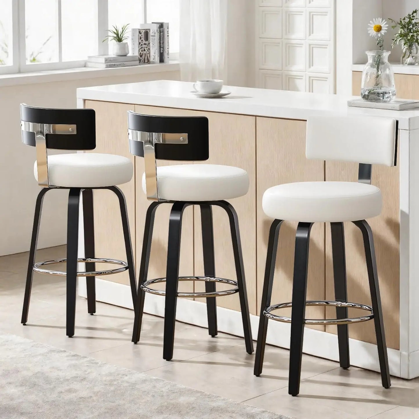Swivel Counter Stool Set of 3 Faux Leather With Back Walnut Wood Legs