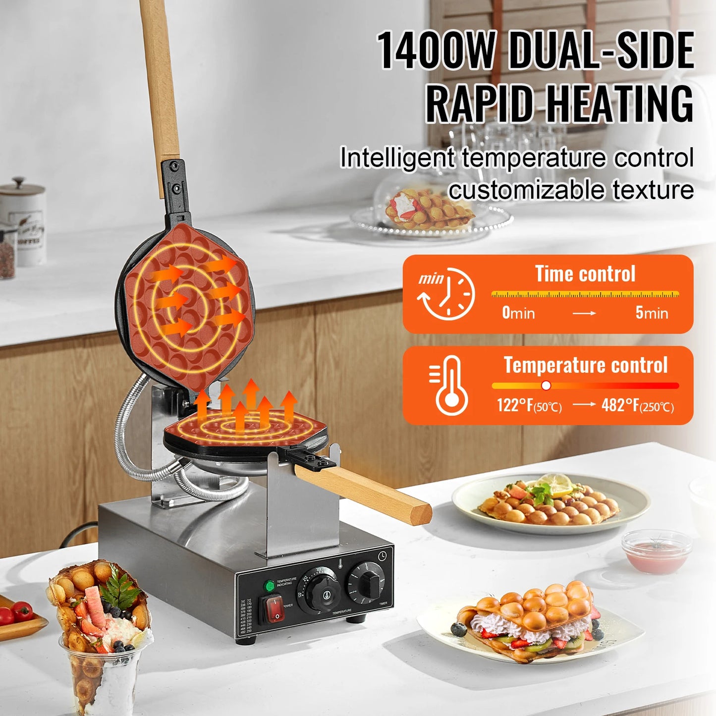 SucceBuy Stainless Steel Bubble Waffle Maker 1400W With Rotating Pans