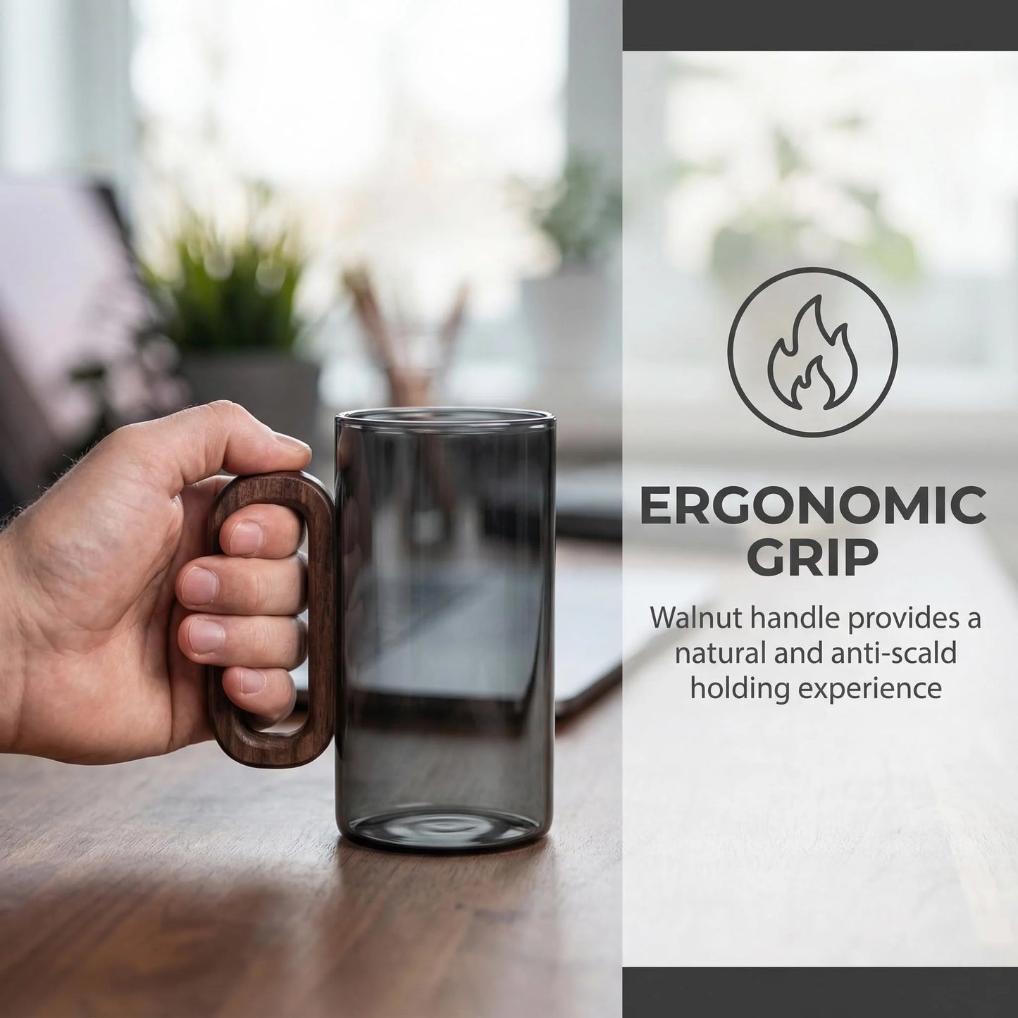 Borosilicate Glass Coffee Mug With Walnut Handle Dishwasher Safe