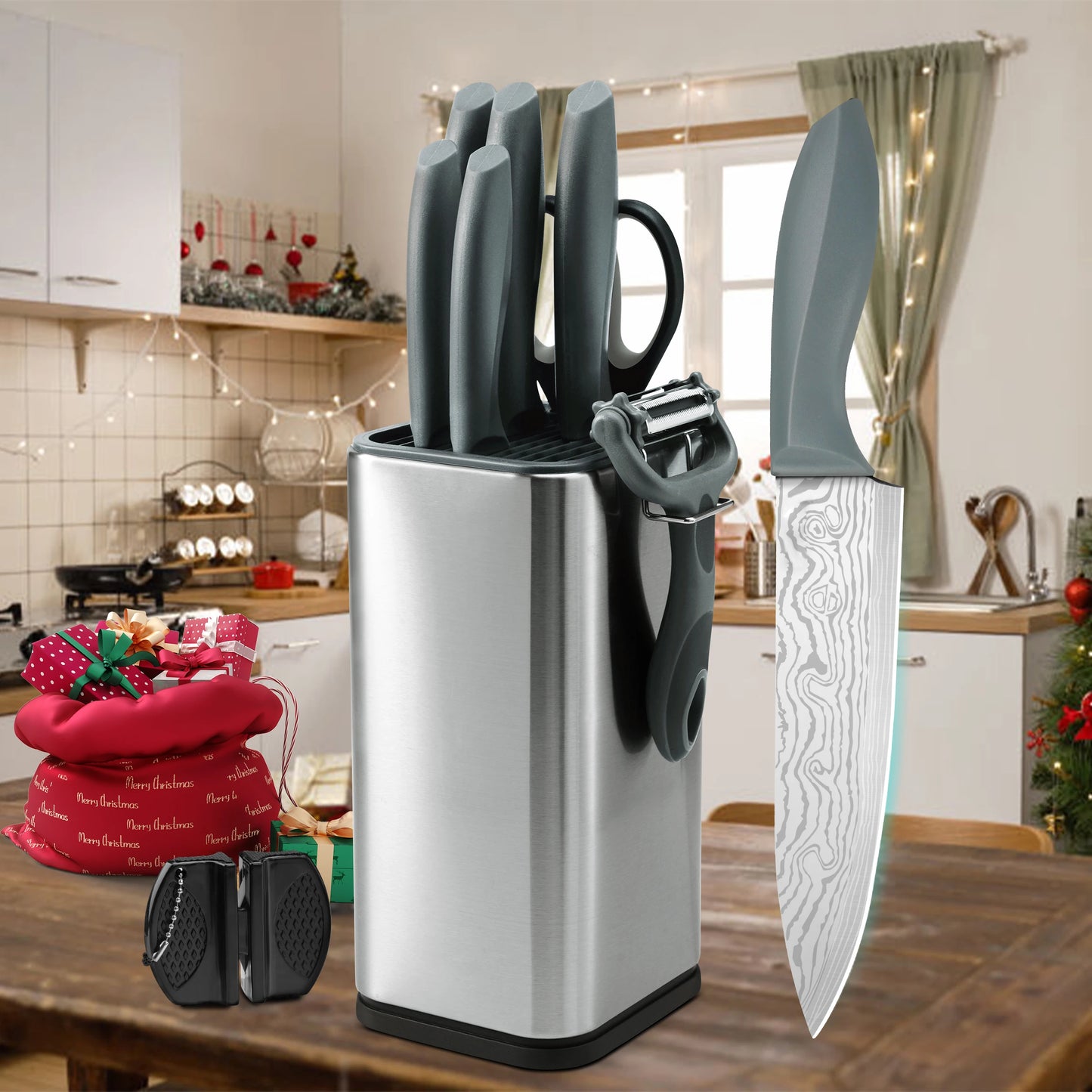 Damascus Pattern Stainless Steel Kitchen Knife Set With Universal Block