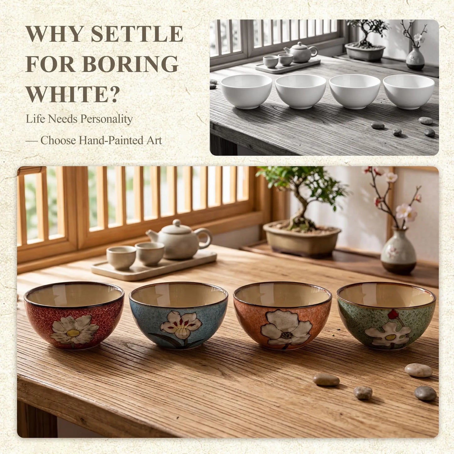 Hand Painted Underglaze Ceramic Cereal Bowls With Floral Pattern