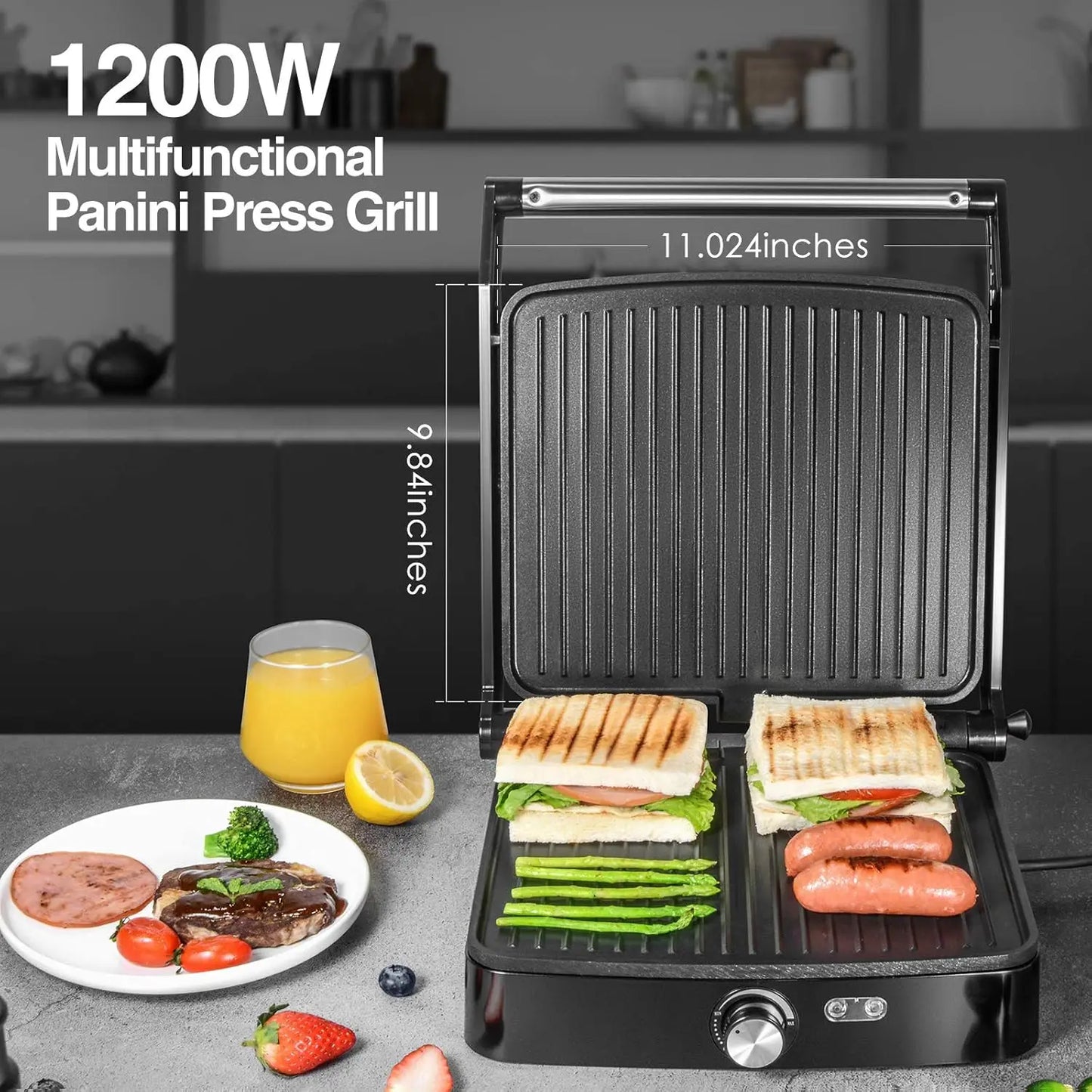 1200W Panini Press Grill With Adjustable Temperature
