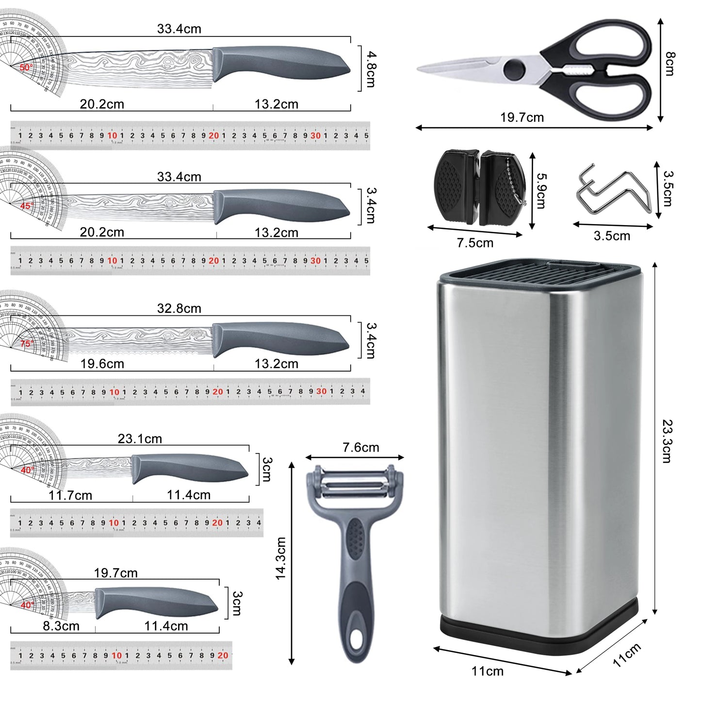 Damascus Pattern Stainless Steel Kitchen Knife Set With Universal Block