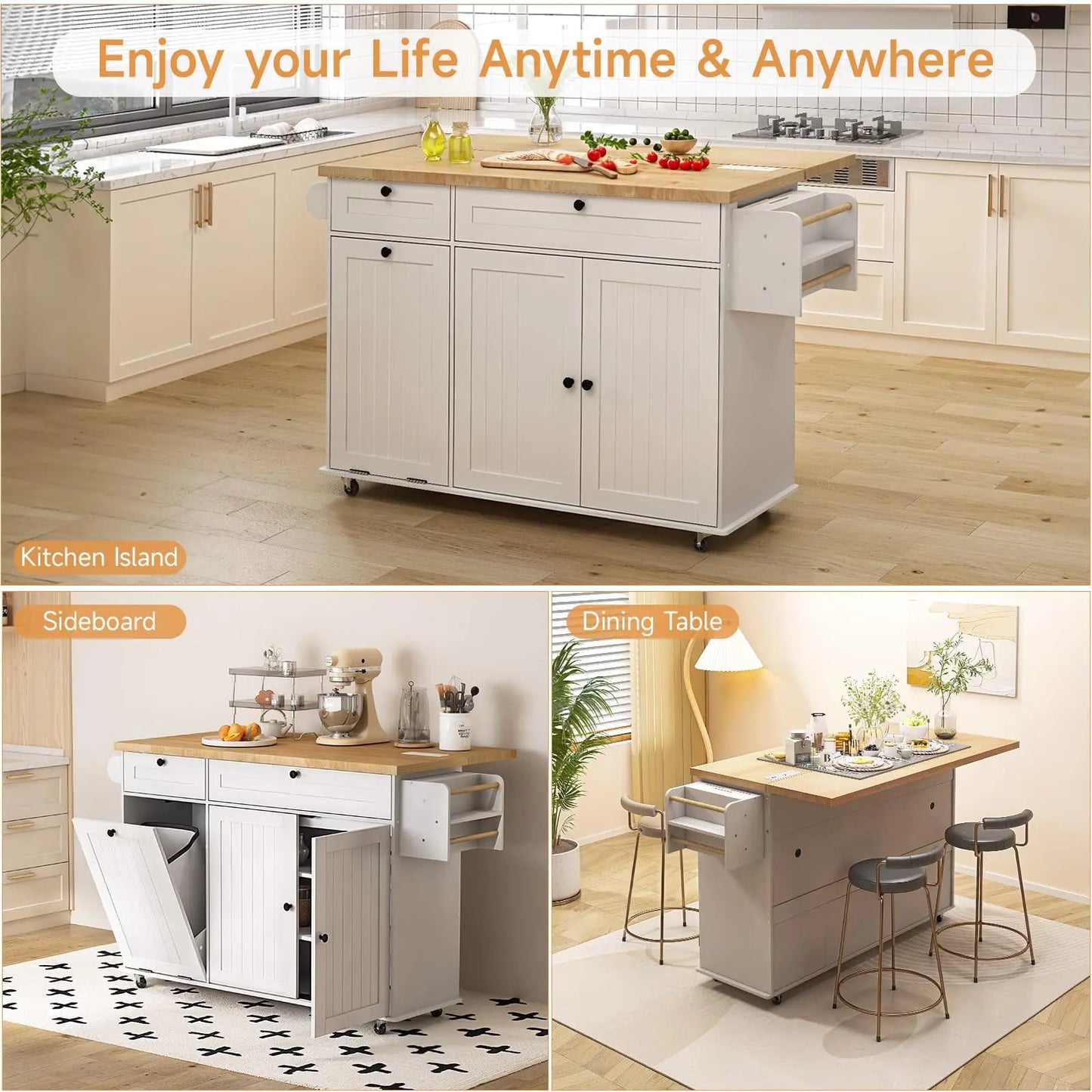 ONBRILL Mobile Kitchen Island With Power Outlet Spice Rack Storage