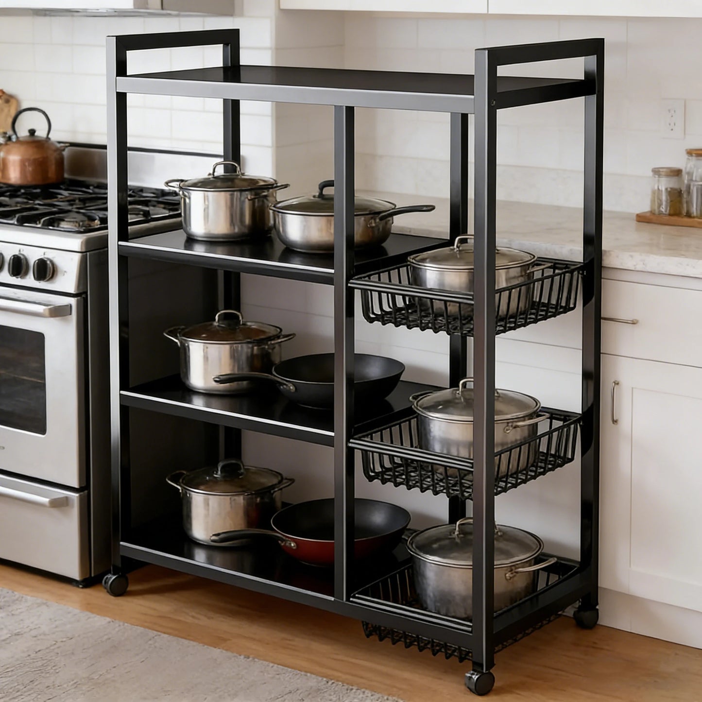 Portable Storage Rack Adjustable 4-Layer Shelf With Baskets
