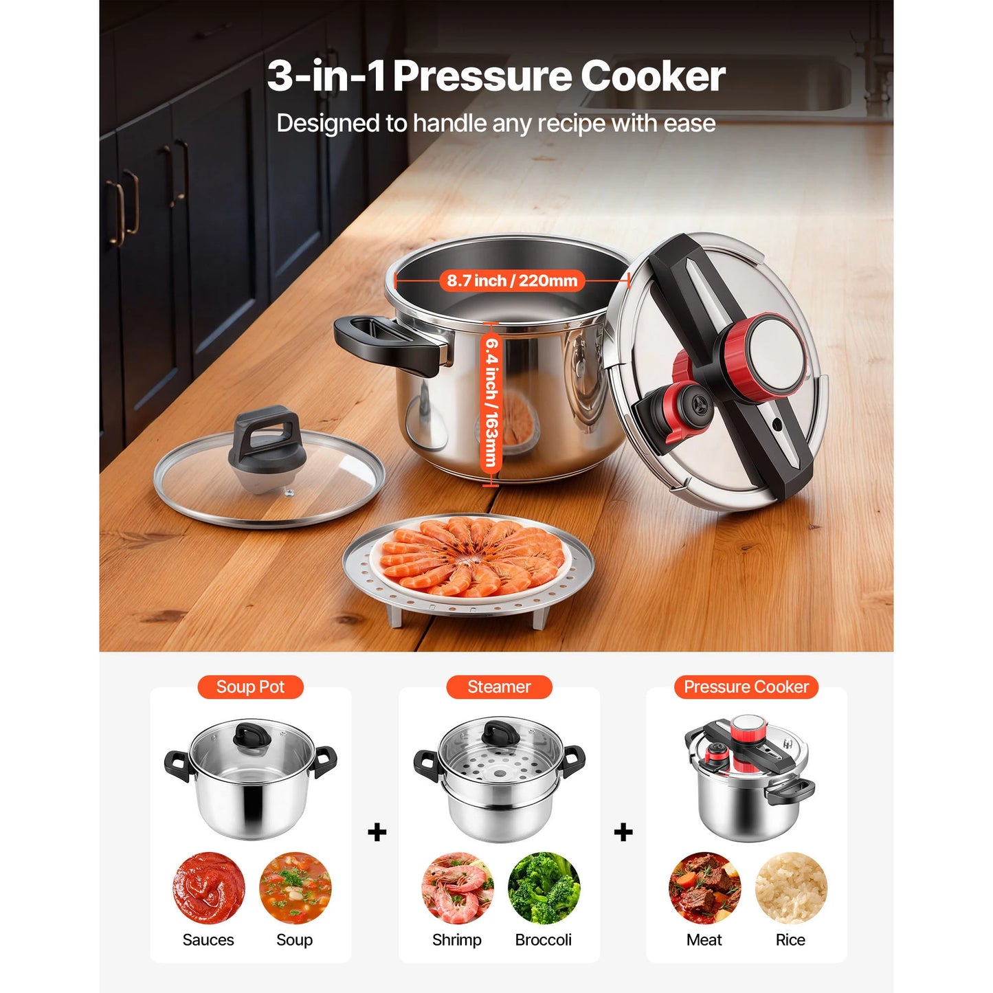 SucceBuy Stainless Steel Pressure Cooker With Steaming Rack And Lid