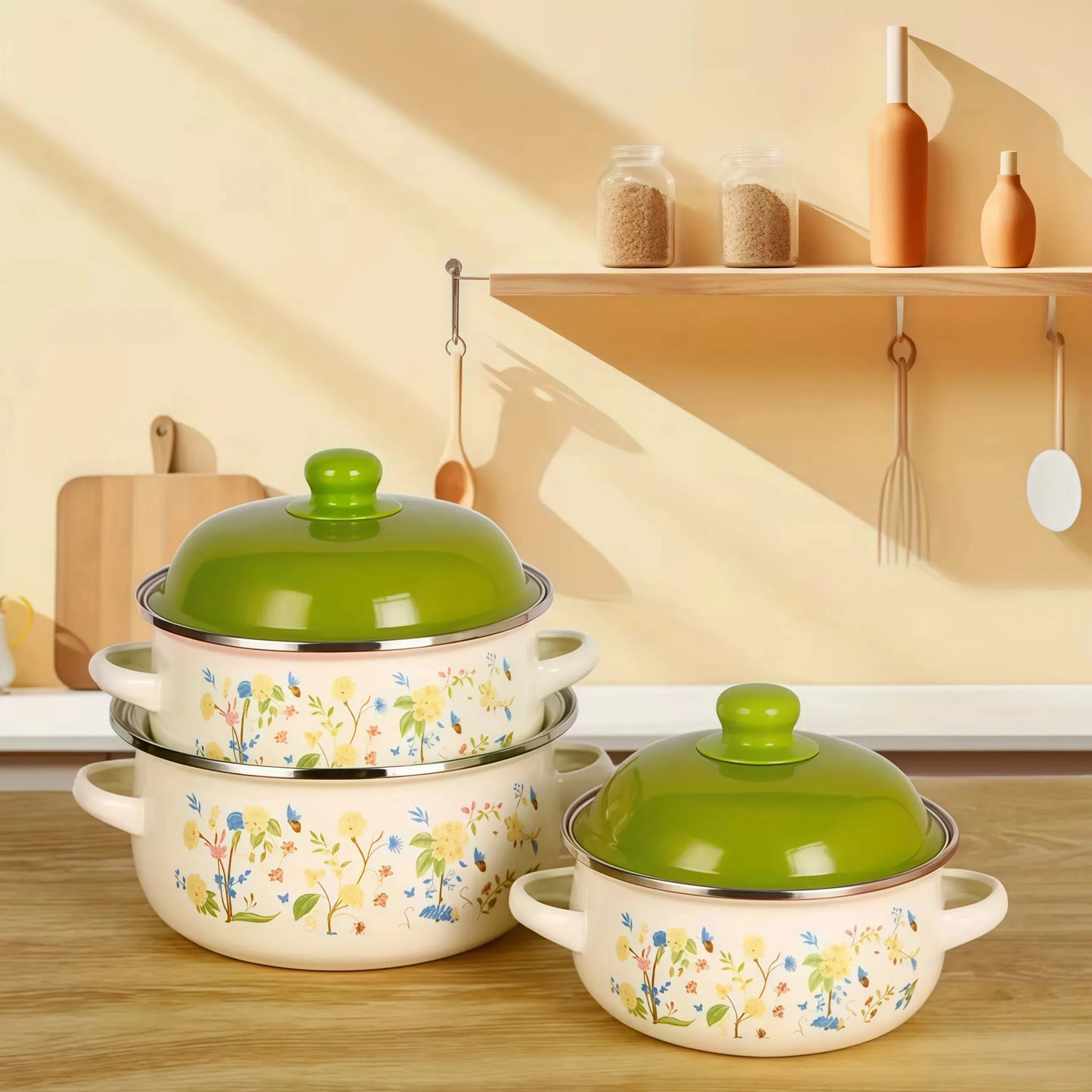 Vintage Enamel Stock Pot Set With Lids 3 Piece Cookware
