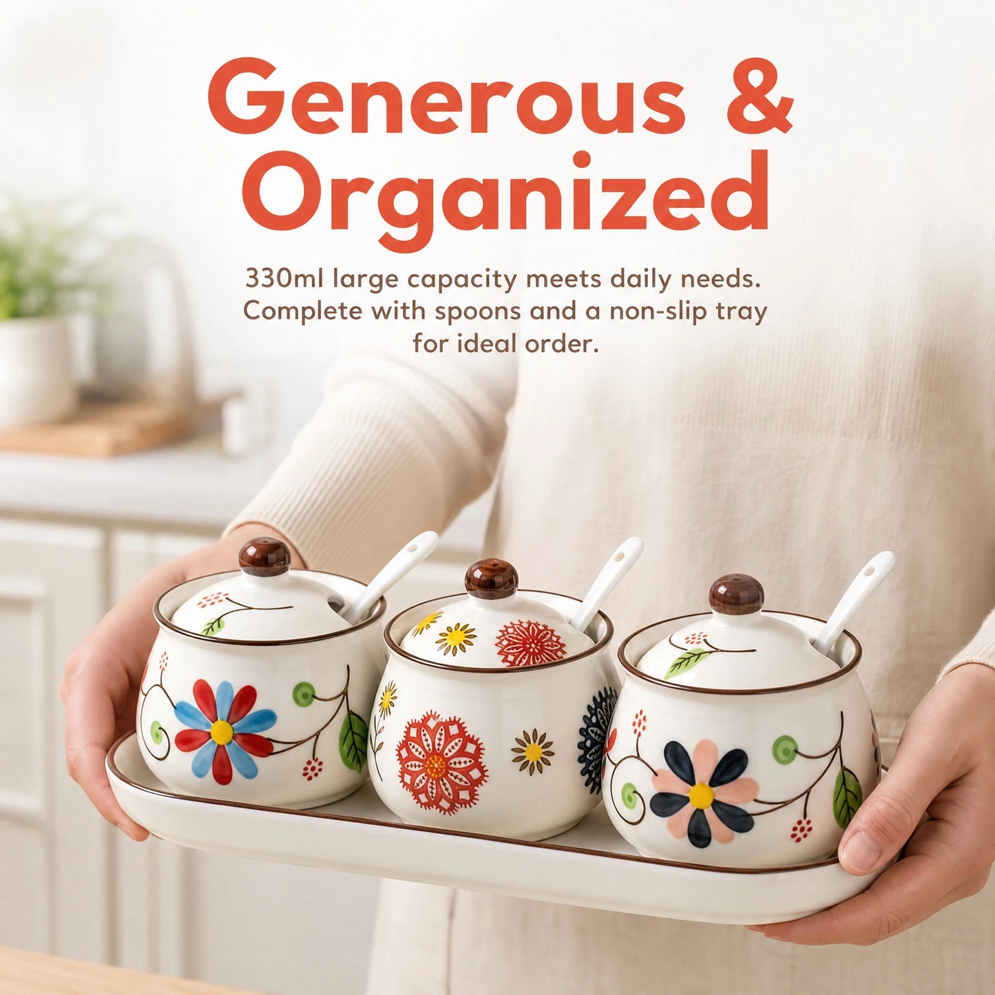 Ceramic Spice Jar Set With Tray Hand Painted Japanese Design