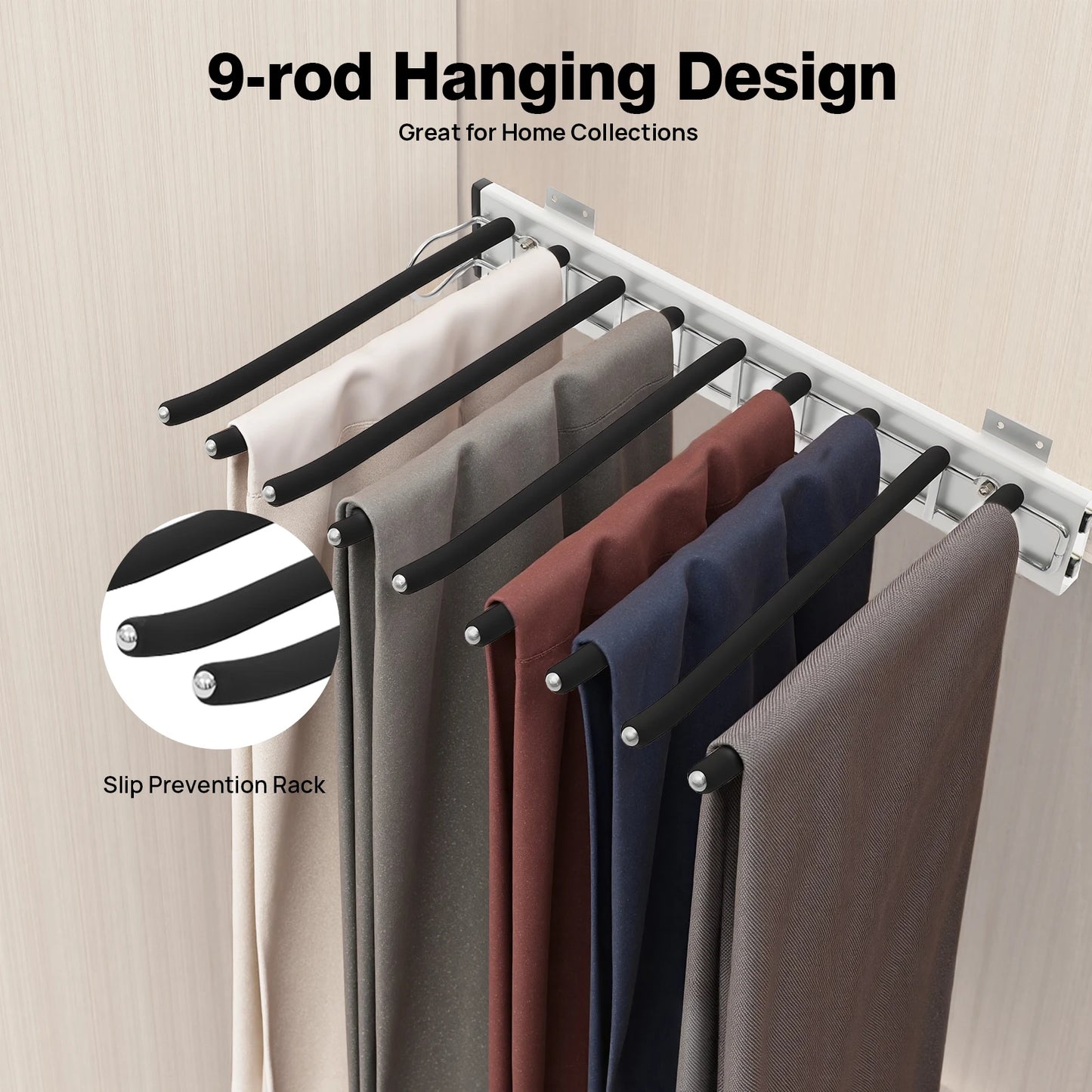 Bymaocar Pull-Out Pants Rack With 9 Rods Wall Mount