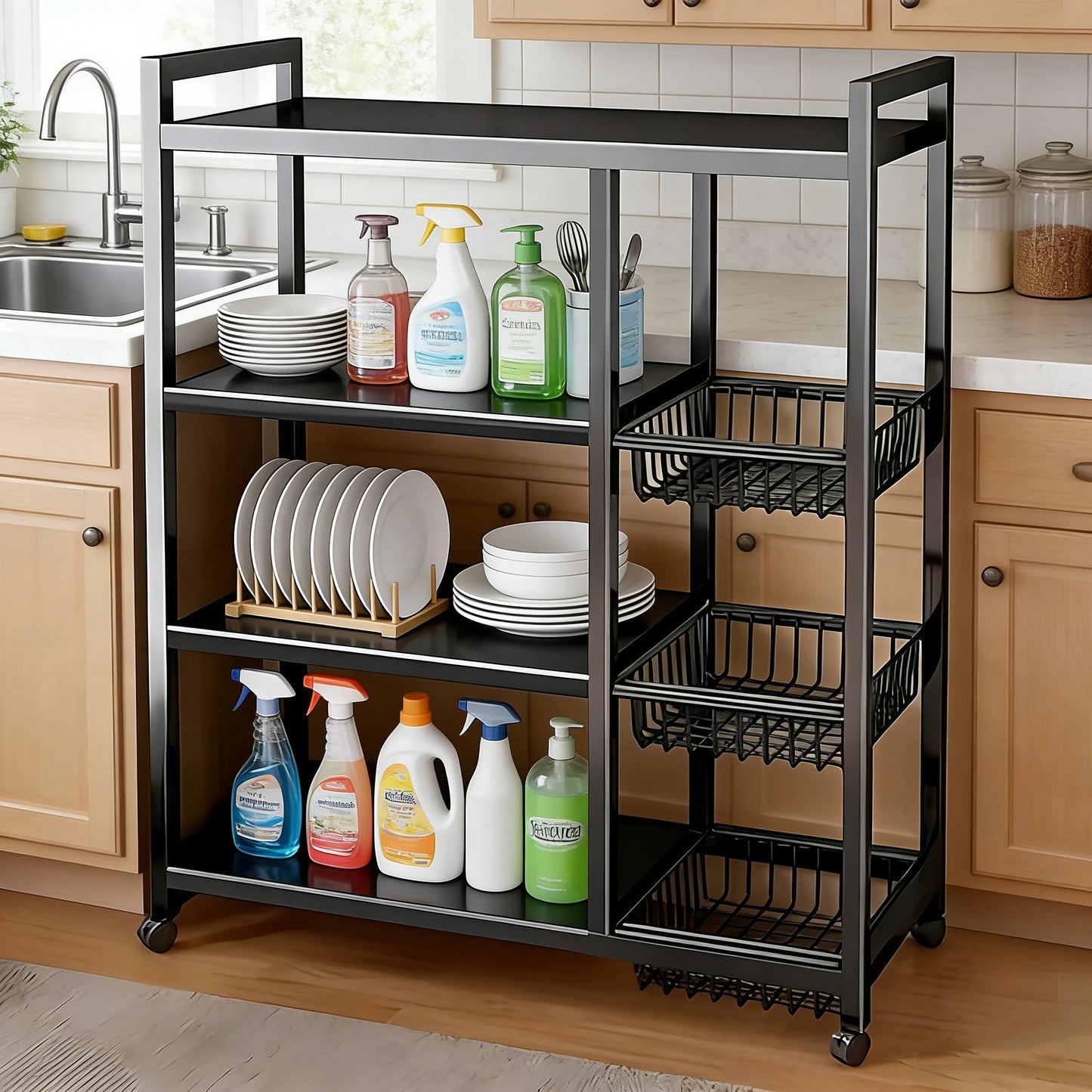 Portable Storage Rack Adjustable 4-Layer Shelf With Baskets