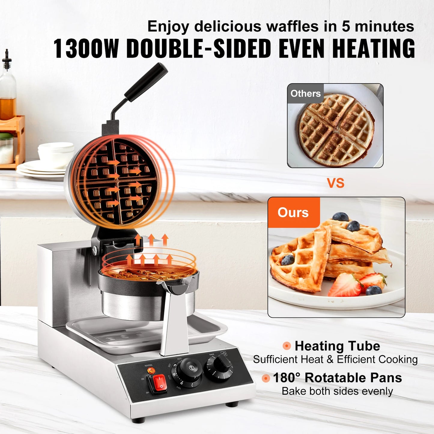 VEVOR Electric Waffle Maker Stainless Steel Nonstick