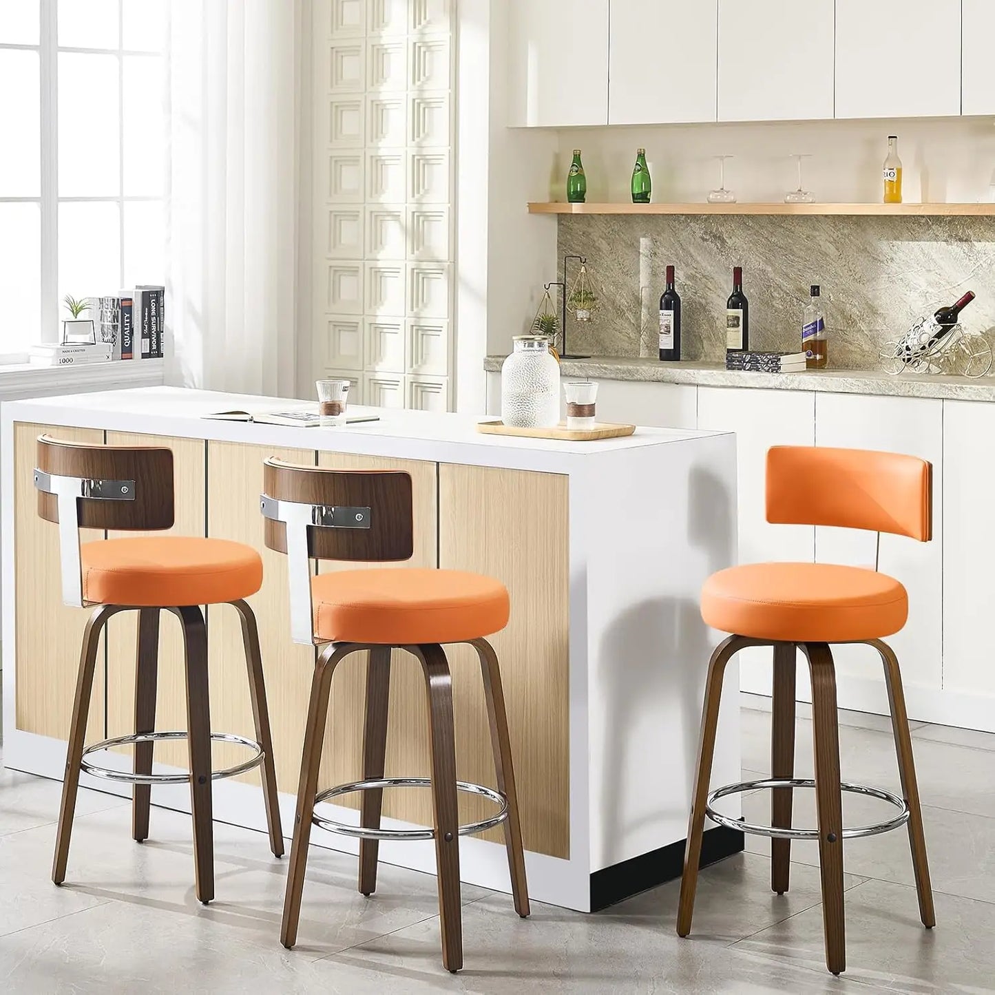 Swivel Counter Stool Set of 3 Faux Leather With Back Walnut Wood Legs