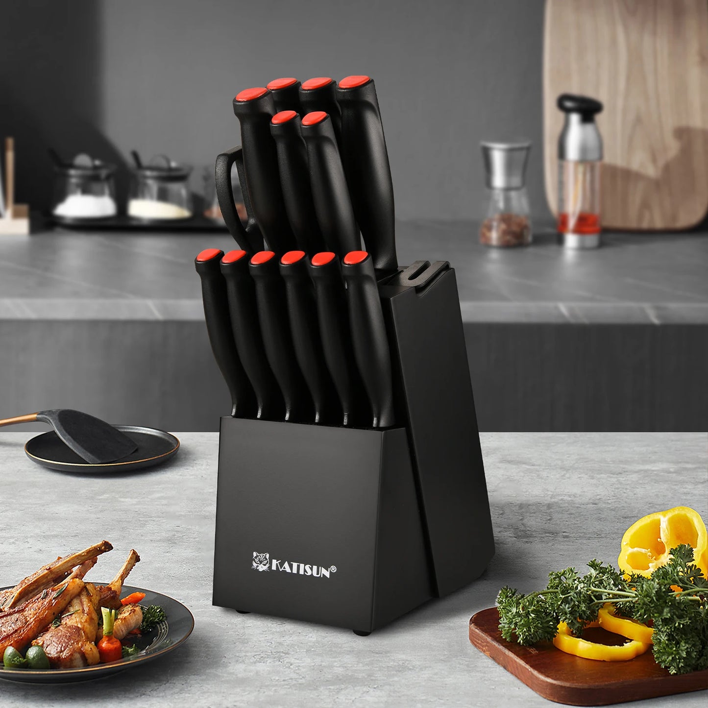 Katisun Damascus Pattern 15-Piece Knife Block Set With Sharpener