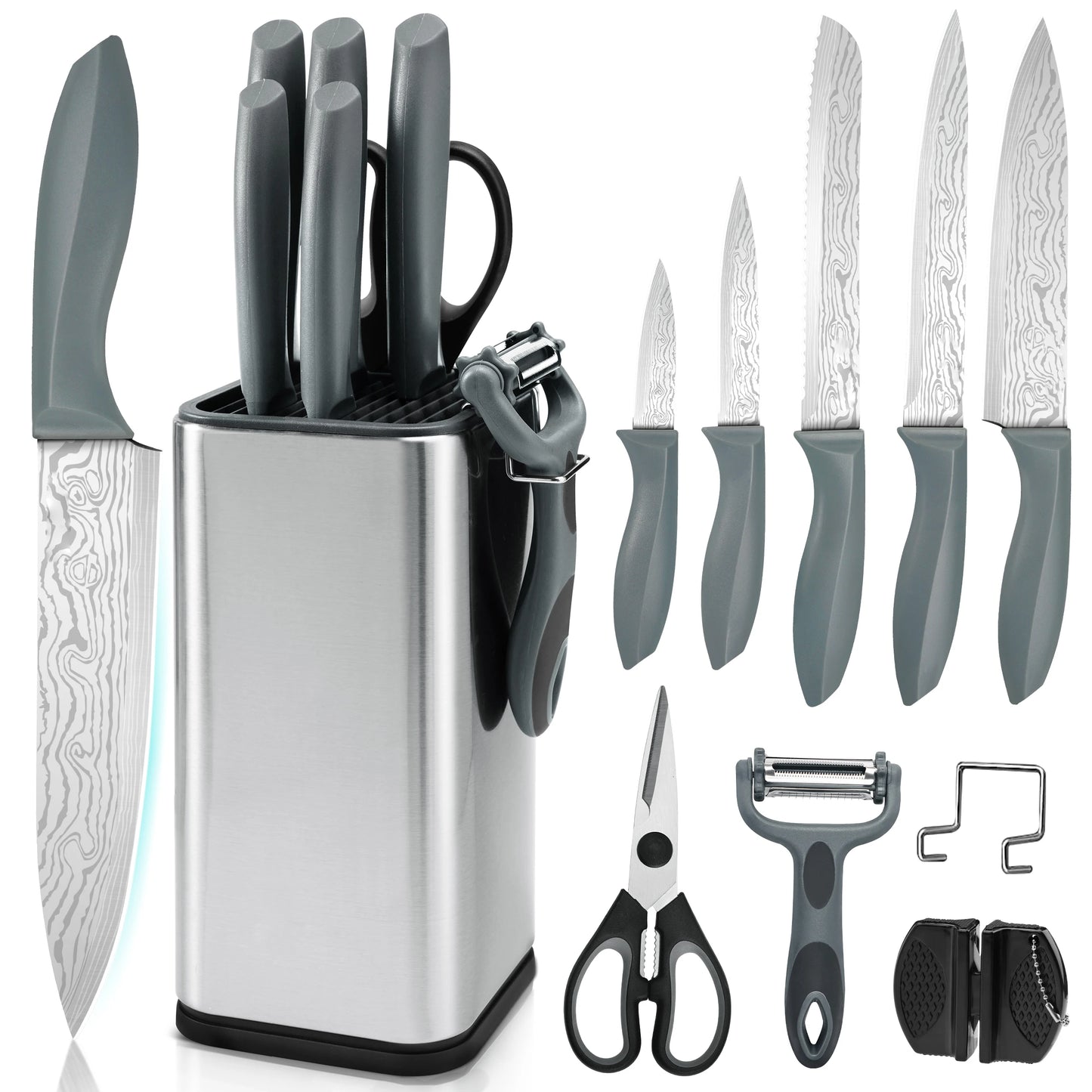Damascus Pattern Stainless Steel Kitchen Knife Set With Universal Block