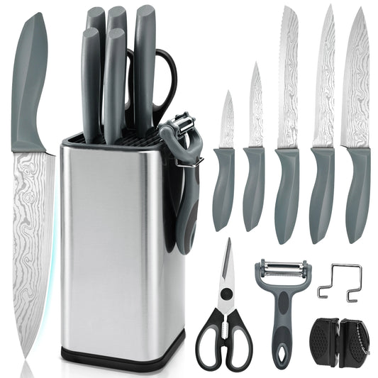 Damascus Pattern Stainless Steel Kitchen Knife Set With Universal Block