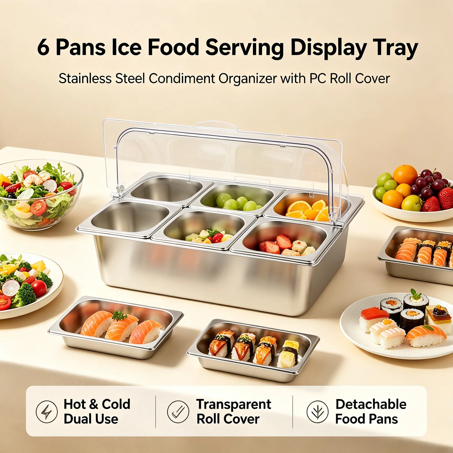 Ice Food Serving Display Tray With 6 Pans Stainless Steel