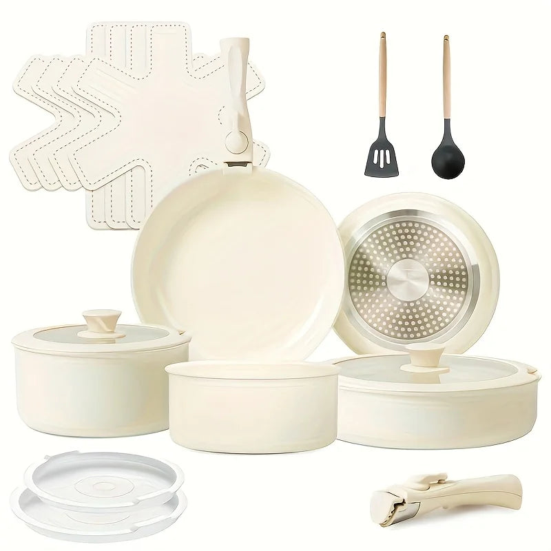 Ceramic Nonstick 17-Piece Cookware Set With Removable Handles Induction Ready