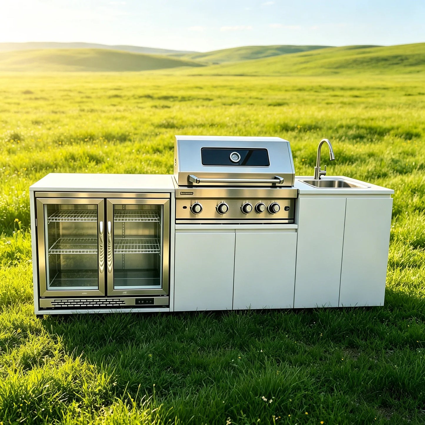 Stainless Steel Outdoor Kitchen With Grill And Fridge On Wheels