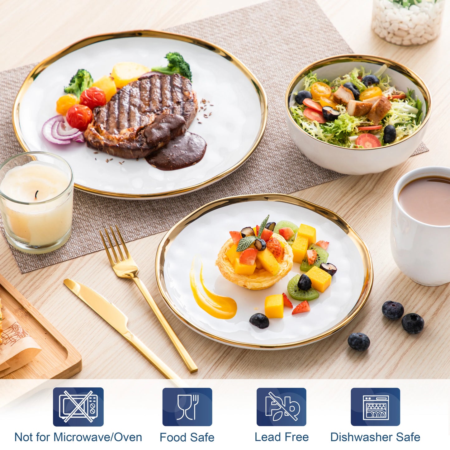 MALACASA White Handmade Dinnerware Set With Gold Trim Stoneware