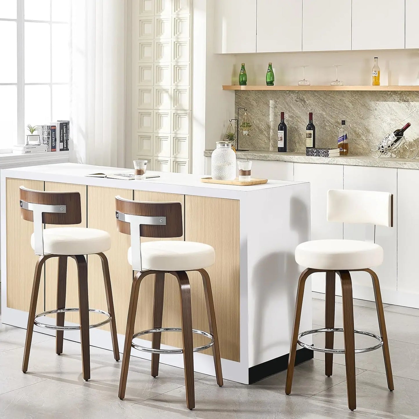 Swivel Counter Stool Set of 3 Faux Leather With Back Walnut Wood Legs