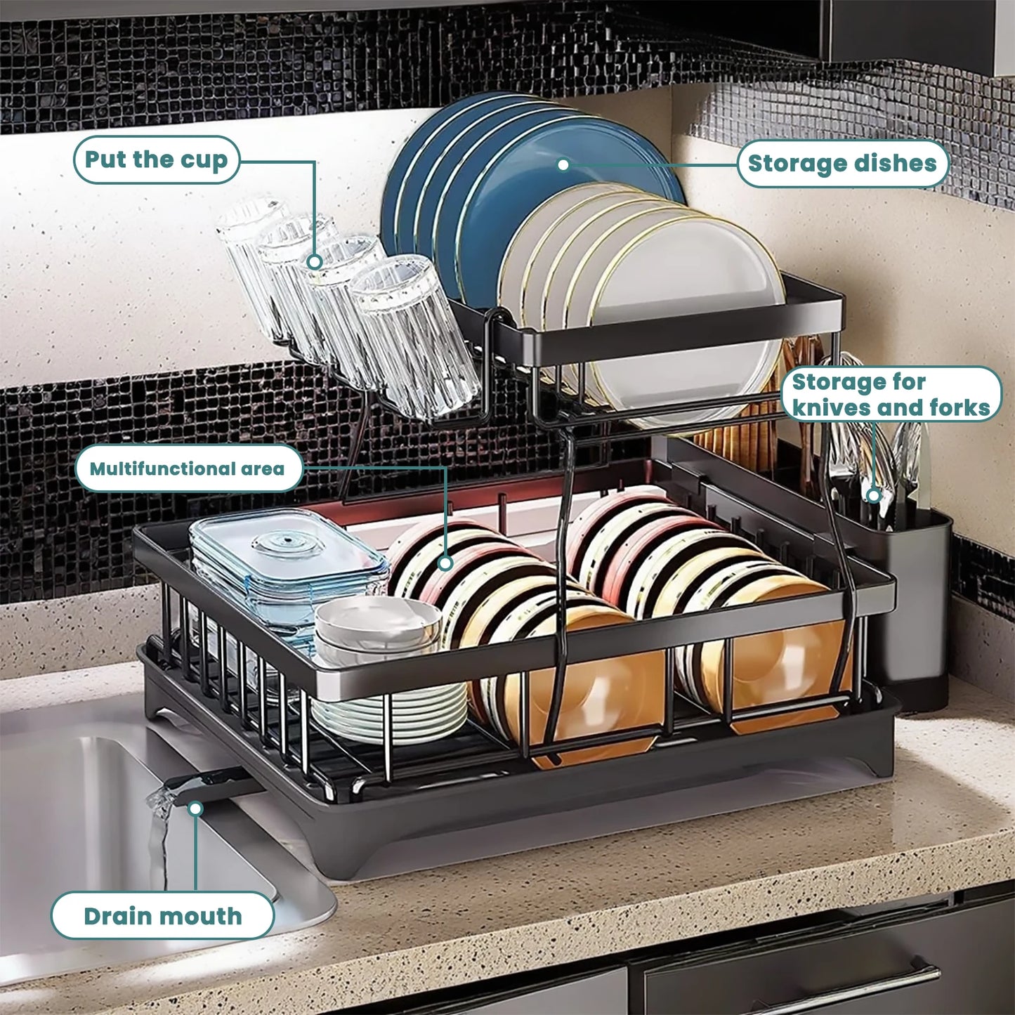 Two-Tier Dish Rack For Kitchen Countertop With Removable Draining Tray