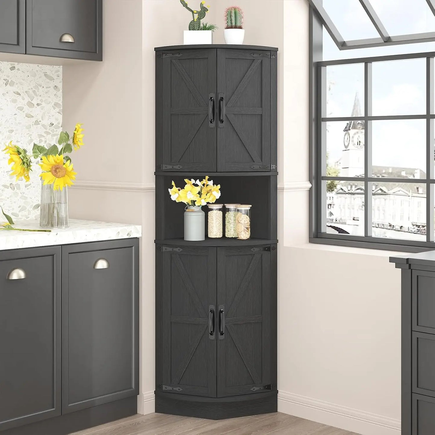 Corner Storage Cabinet With 4 Doors And 5 Shelves BarnStyle